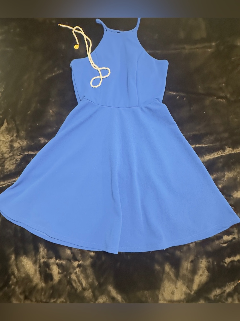 Review Royal Blue Halter Skater Dress with Open Back • Fit and Flare• Medium